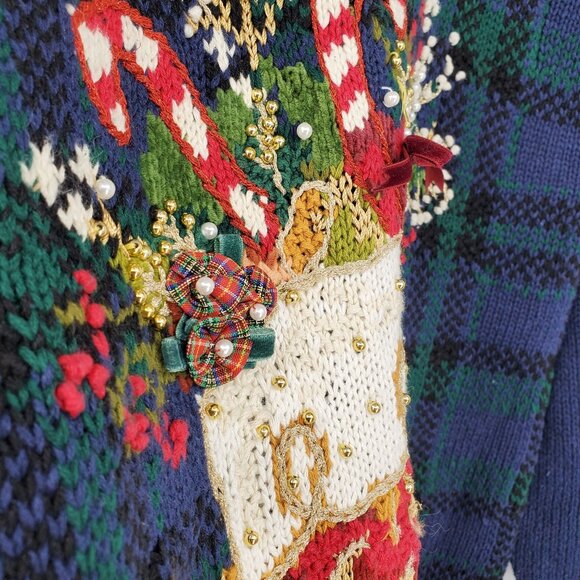 Vintage Heirloom Blue Green Plaid Beaded Nostalgic Stocking Christmas Sweater L - Picture 5 of 9